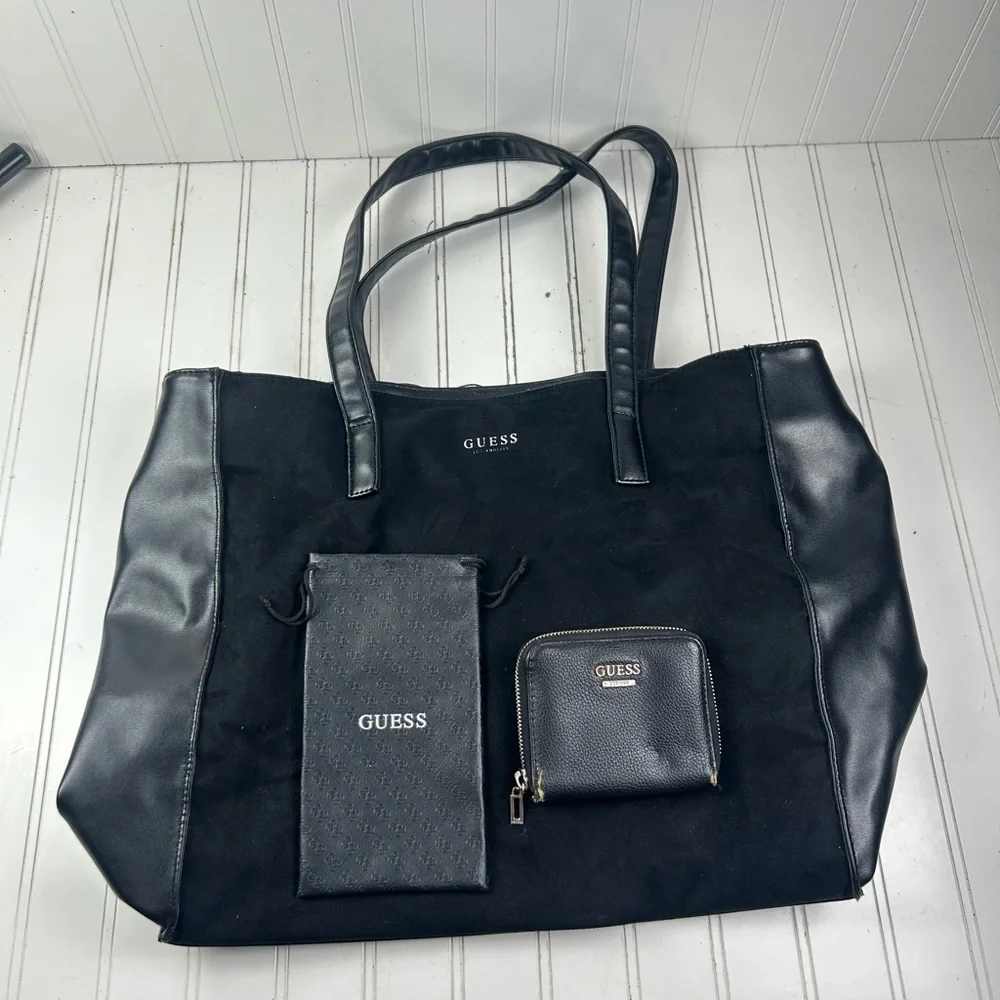 GUESS Y2K Black Suede Large Tote Bag Purse Bundle Wallet Sunglasses Case 3Pc - Picture 2 of 13